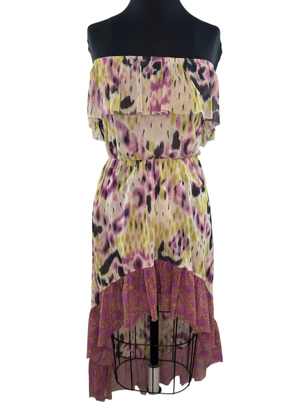 VTG Y2K Preppy Lilka Purple Green Strapless Dress Ikat Ruffle High Low XS
